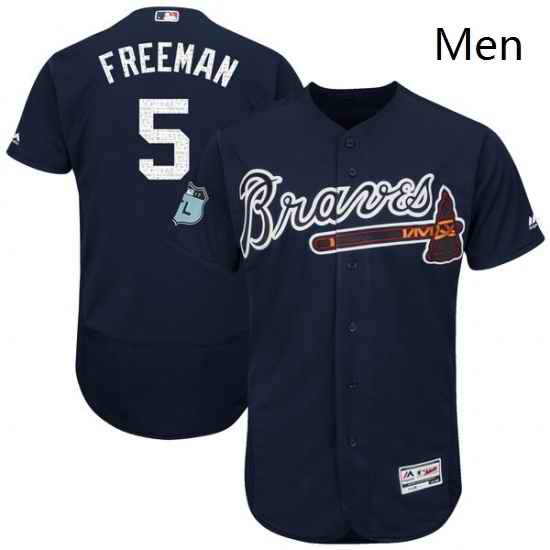 Mens Majestic Atlanta Braves 5 Freddie Freeman Navy Blue 2017 Spring Training Authentic Flex Base MLB Jersey